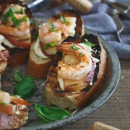 Whipped Lemon Burrata Crostini with Grilled Shrimp and Peaches