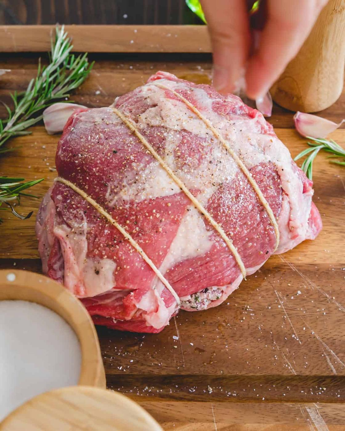 tied and stuffed butterflied leg of lamb roast