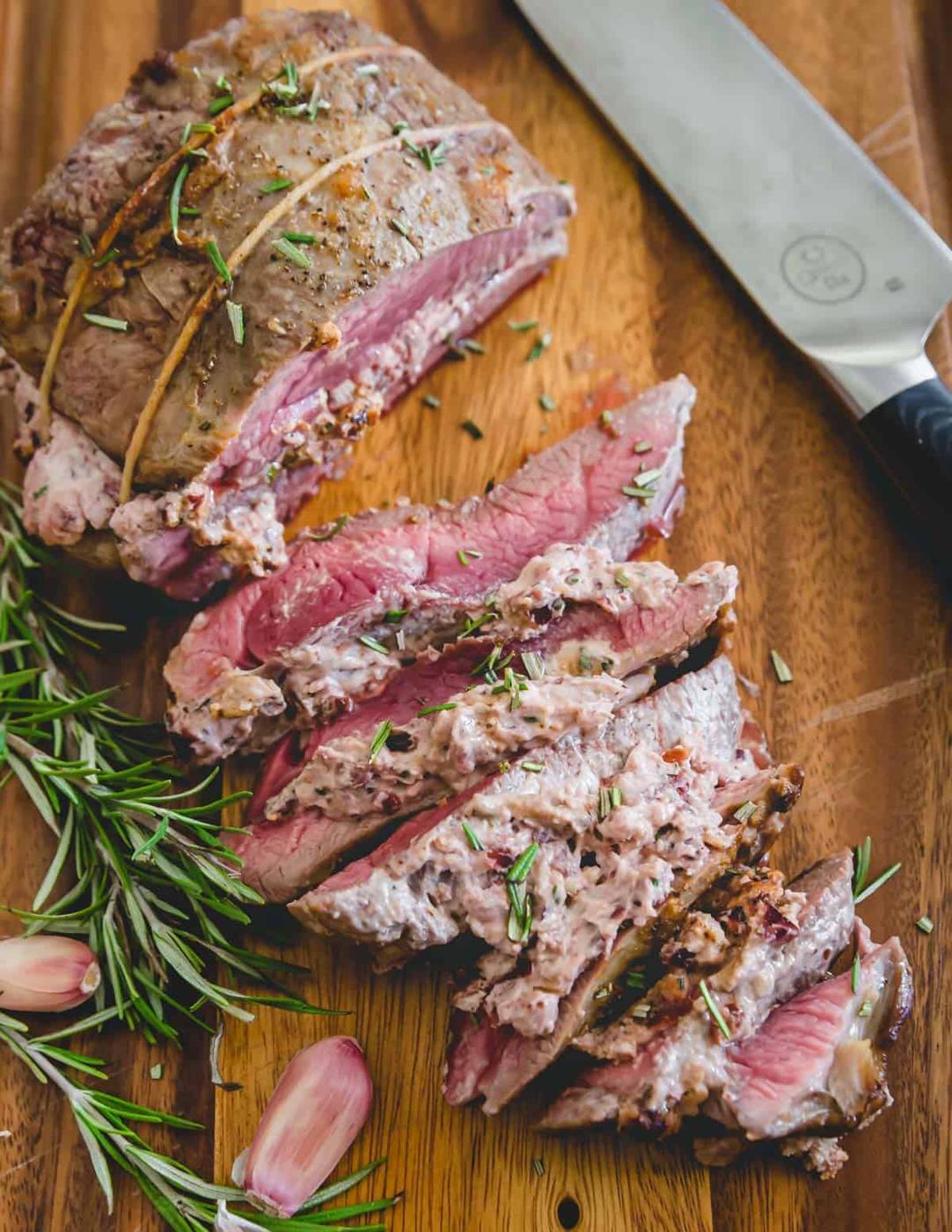 Butterflied Leg of Lamb with Cranberry Goat Cheese Stuffing