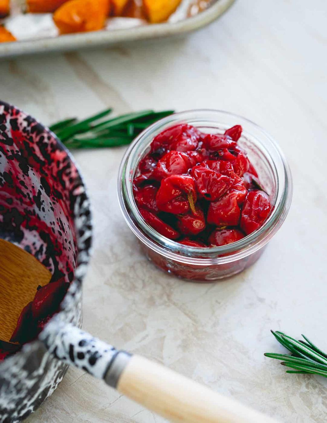 Tart cherry compote is the perfect topping to this creamy butternut squash dip made with goat cheese.