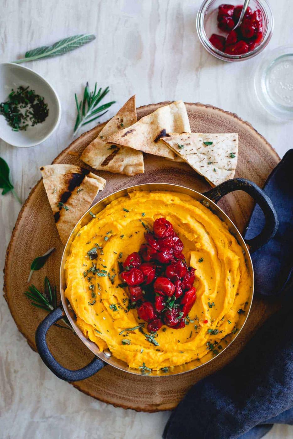 Serve this butternut squash dip with tart cherry compote alongside some toasted pita chips or fresh vegetables for an easy and festive holiday appetizer.