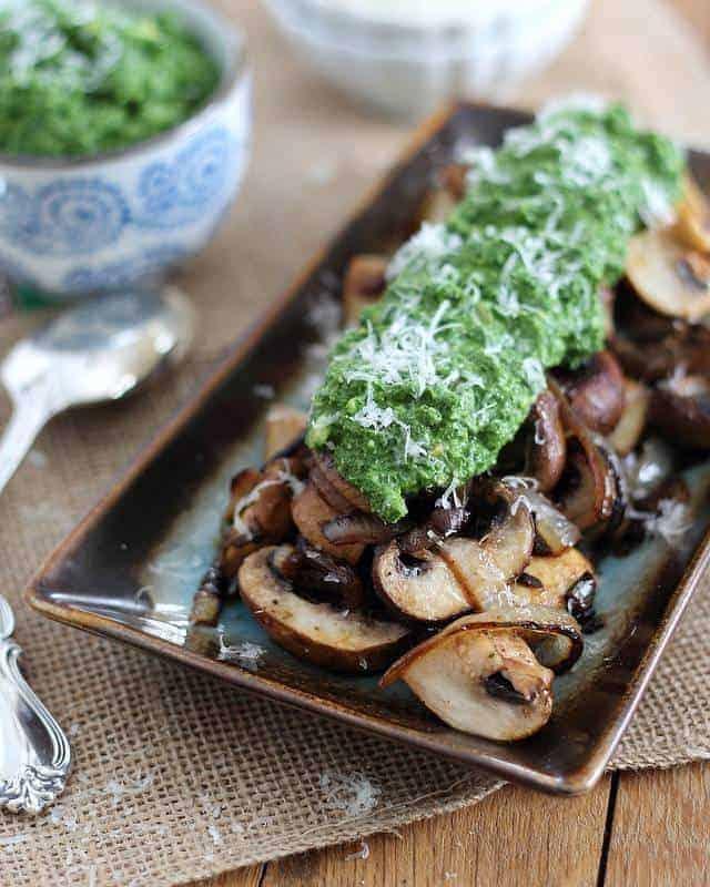 Caramelized Mushrooms with Pesto Guacamole