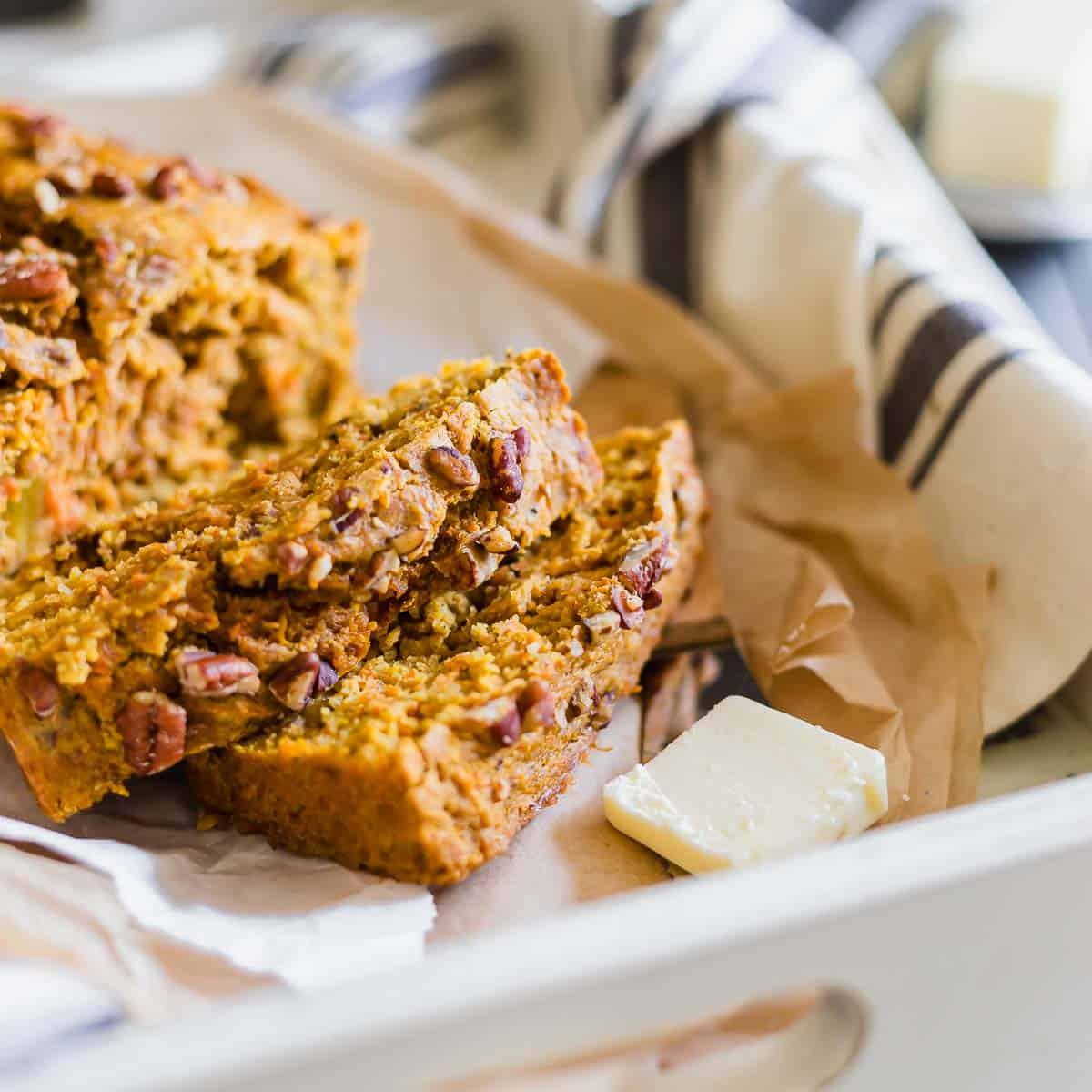 Close up of hearty carrot bread with pecans.