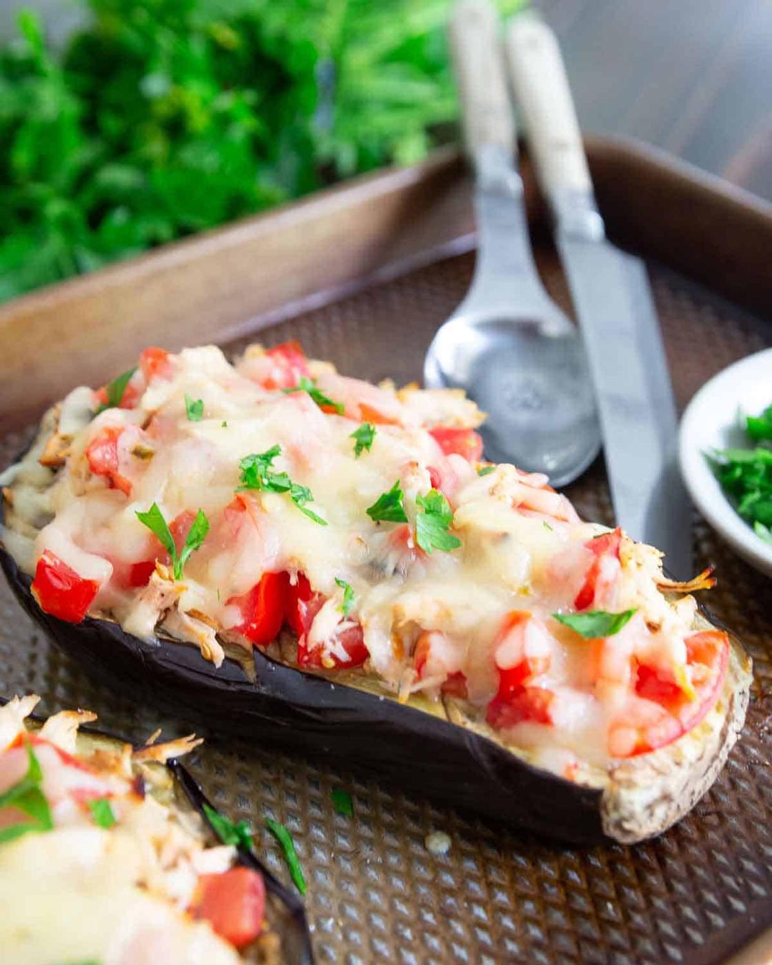 Cheesy Chicken Stuffed Eggplant
