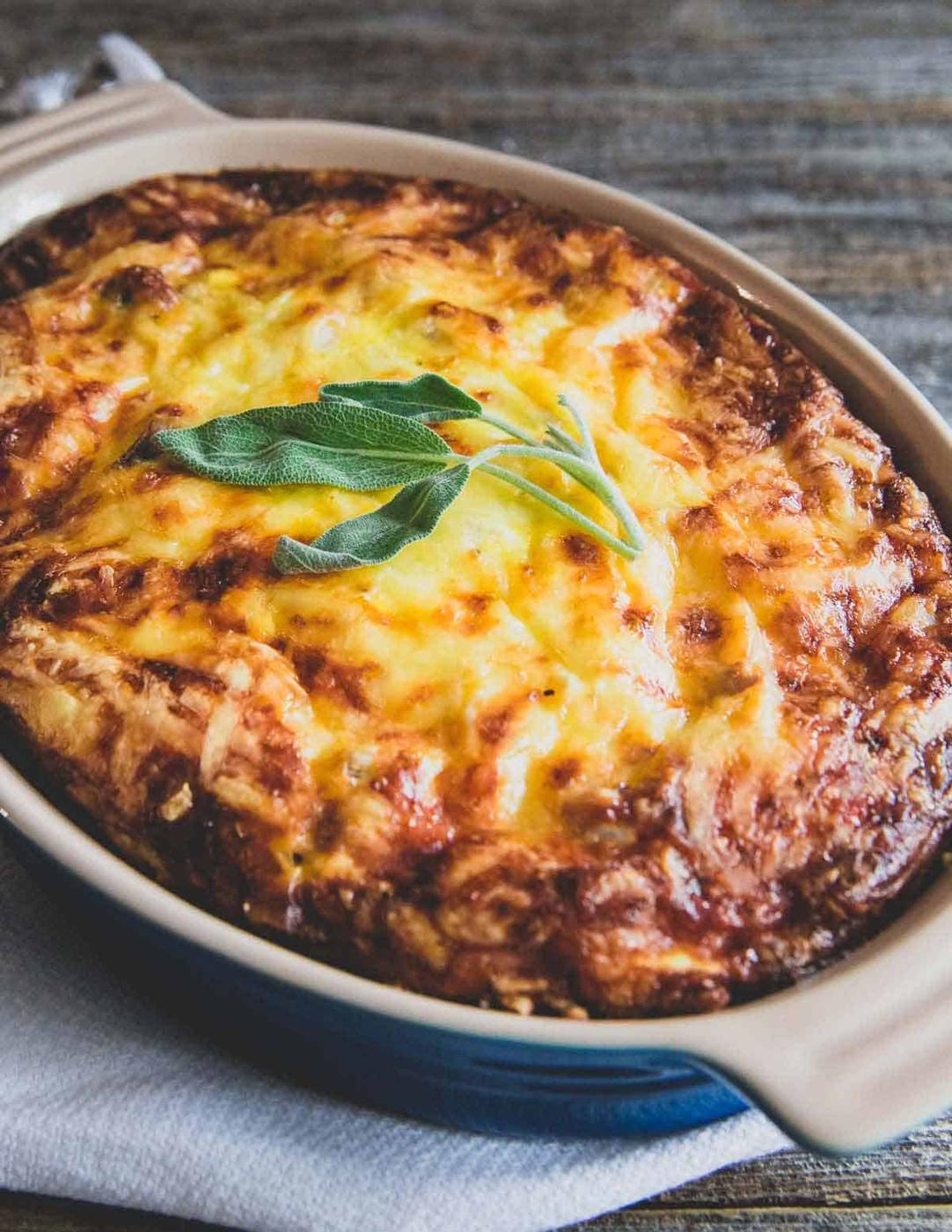 Cheesy Potato Breakfast Casserole with Turkey Sausage and Eggs