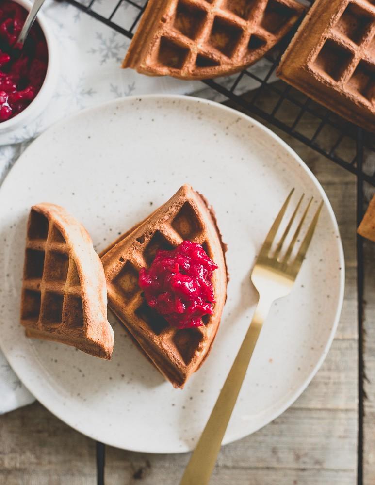 The nutty, earthy tones of these chestnut flour waffles pairs beautifully with the bright and tart cranberry compote.
