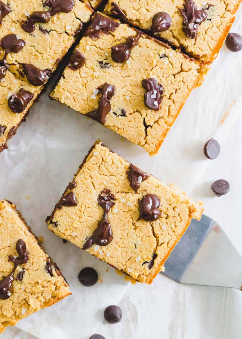 Rich and gooey chickpea blondie peanut butter bars with sea salt.