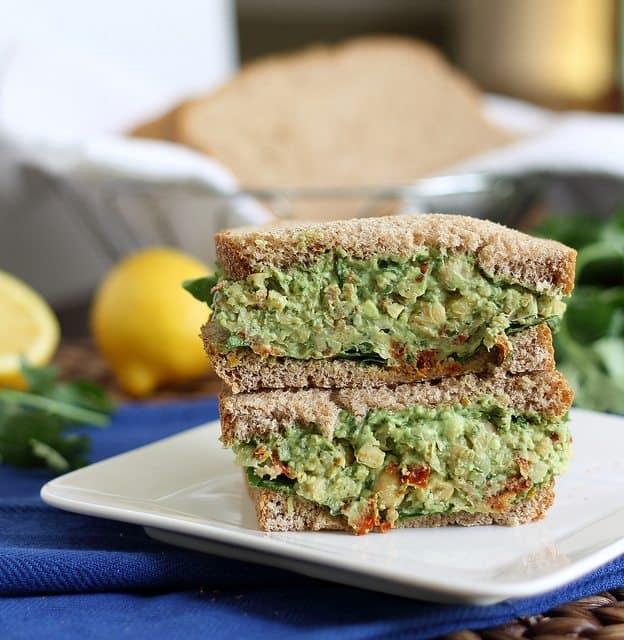 A vegetarian mashed chickpea and pesto sandwich makes an easy lunch or light dinner.