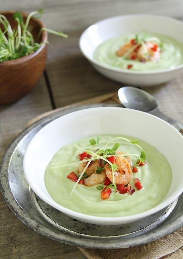 Chilled avocado sweet corn soup with lime shrimp salsa