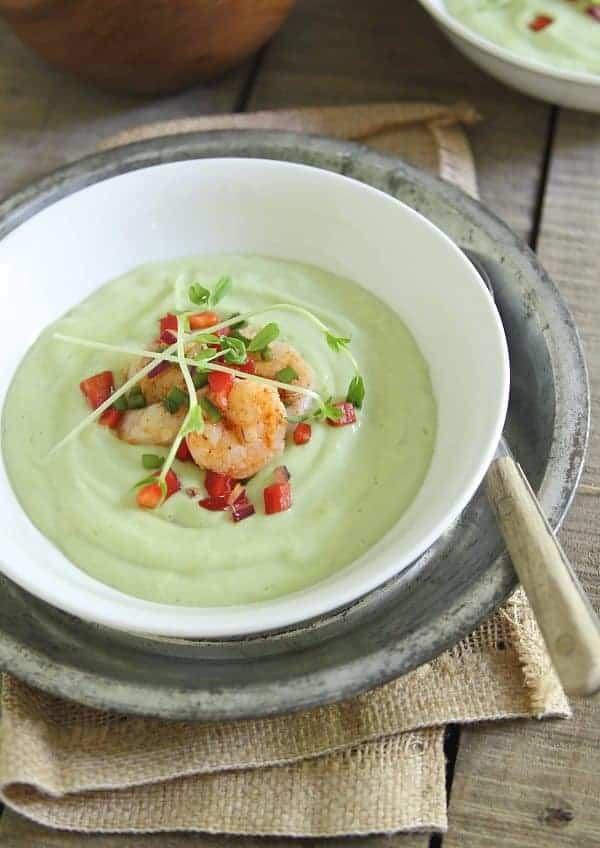 Chilled Avocado Sweet Corn Soup with Lime Shrimp Salsa