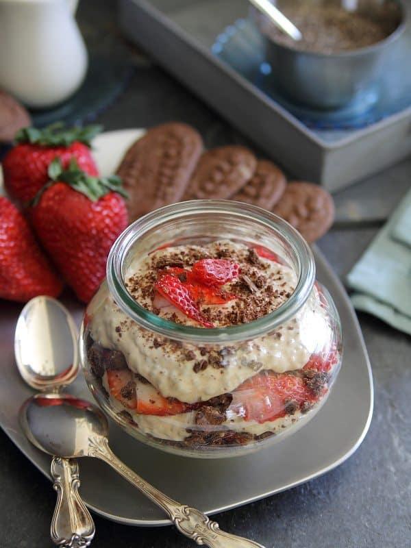 Chocolate strawberry chia coffee parfaits made with Oikos yogurt and belVita cookies
