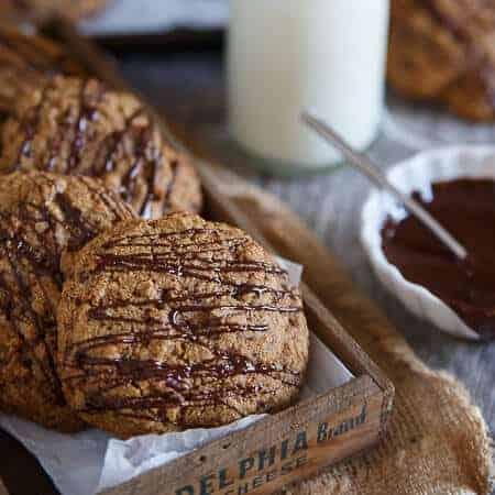 Chocolate Drizzled Salted Butter Pecan Cookies