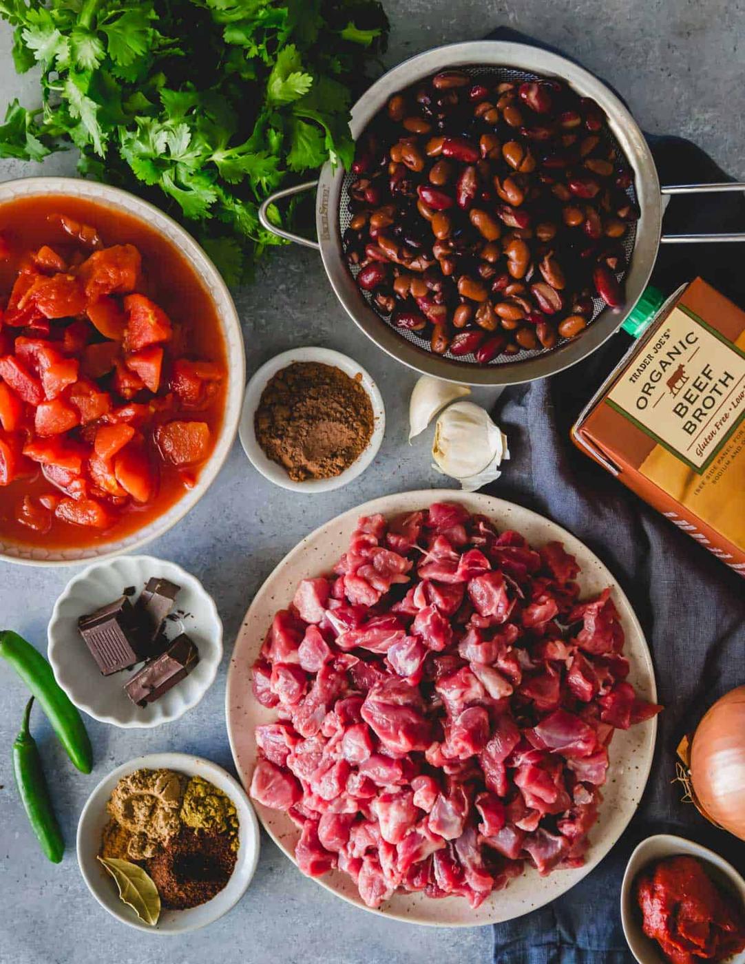 Ingredients to make chocolate lamb chili recipe.