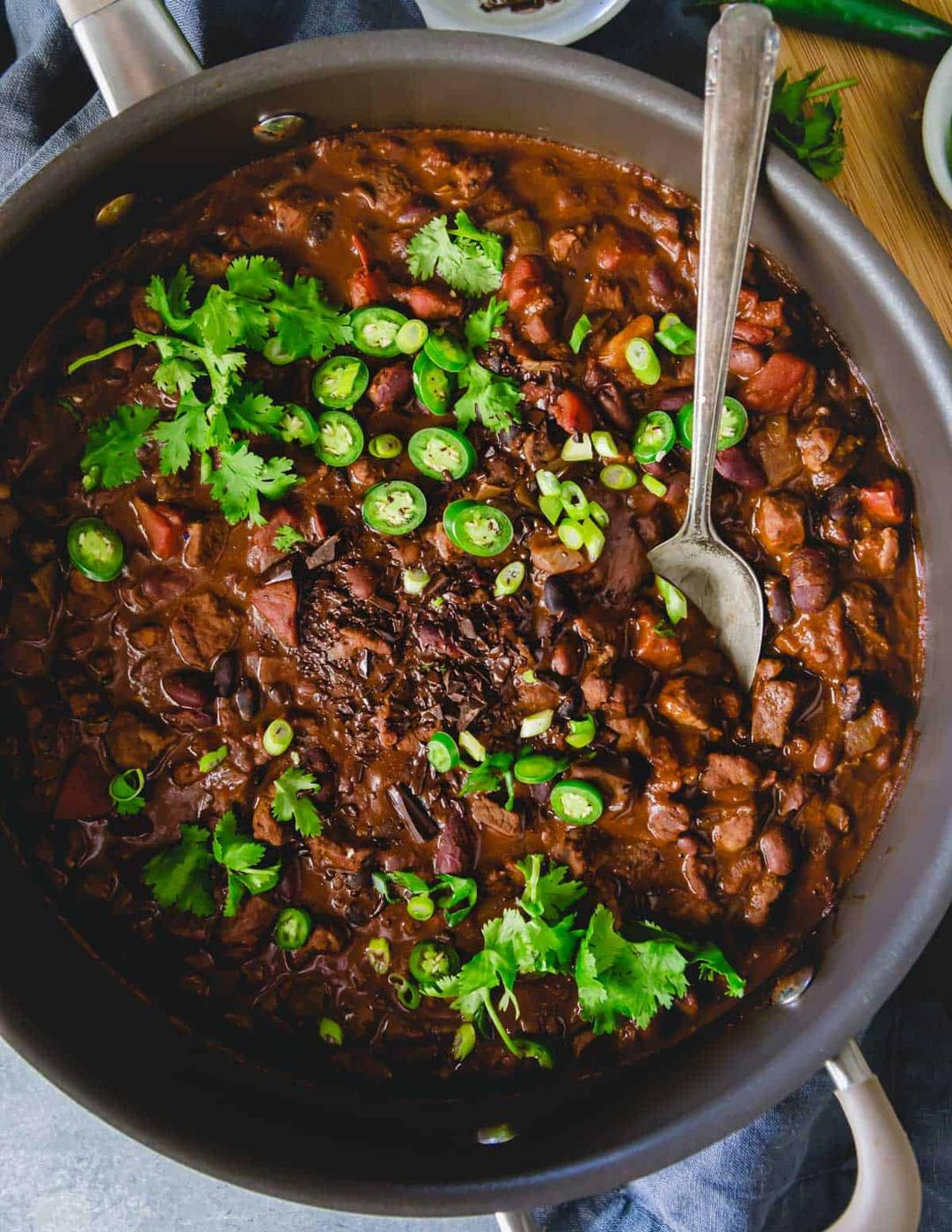 Lamb chili made with lamb stew meat, smoky spices, a mix of beans and bittersweet chocolate.