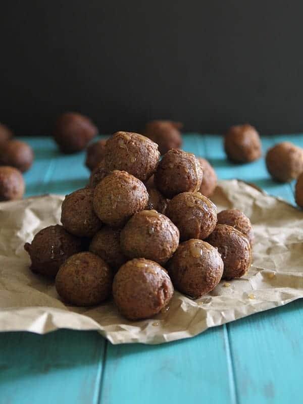 Chocolate Pumpkin Donut Holes with Amaretto Glaze