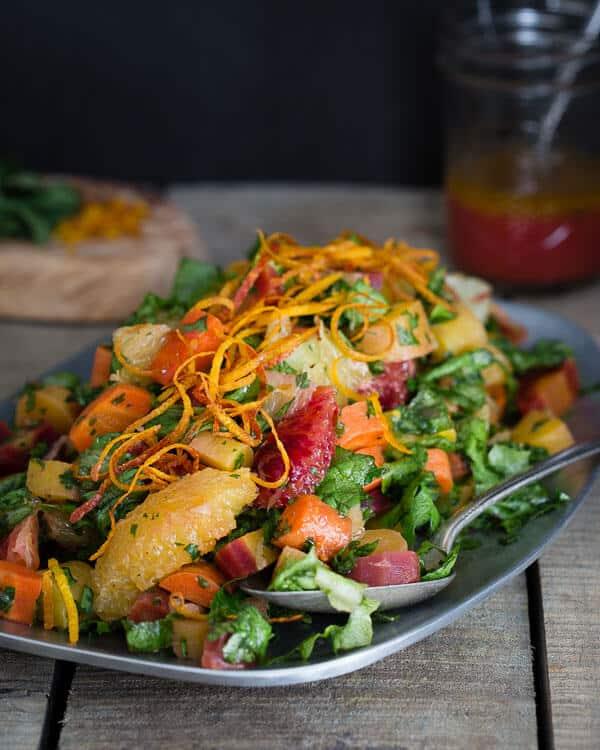 This chopped carrot citrus salad has roasted rainbow carrots, blood oranges and Meyer lemons tossed in a citrus mustard vinaigrette to showcase the best of winter produce.