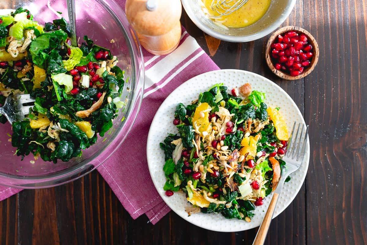 This chopped crispy citrus chicken salad is filled with oranges and pomegranates and tangy orange dijon vinaigrette.