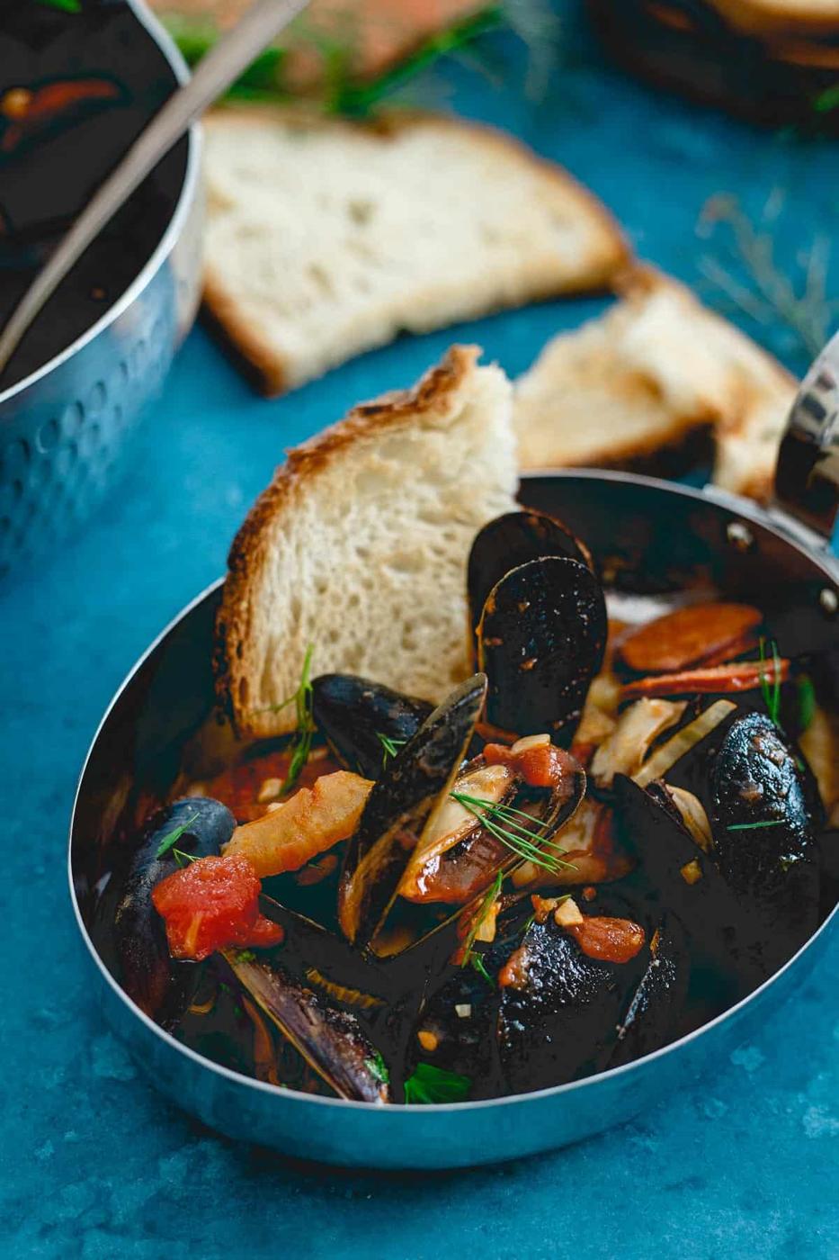 Soak up the delicious tomato broth in these chorizo chili mussels with some crusty warm bread.