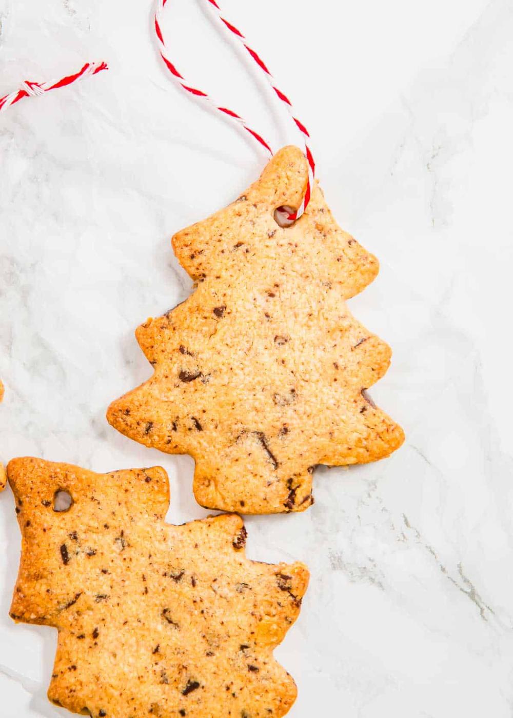 Close up of a baked Christmas tree cookie ornament threaded with red and white string.