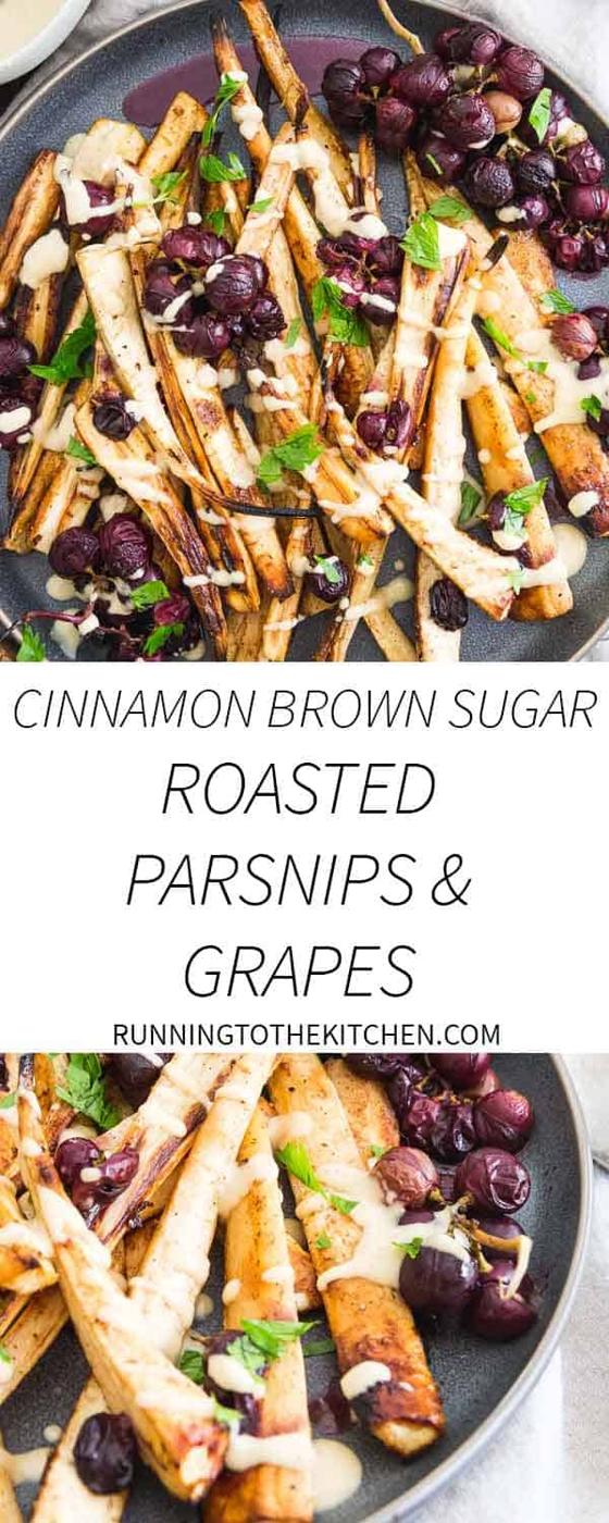 Looking for a special side dish to impress during the holidays? These cinnamon brown sugar roasted parsnips and grapes with a sweet maple hummus drizzle are it!