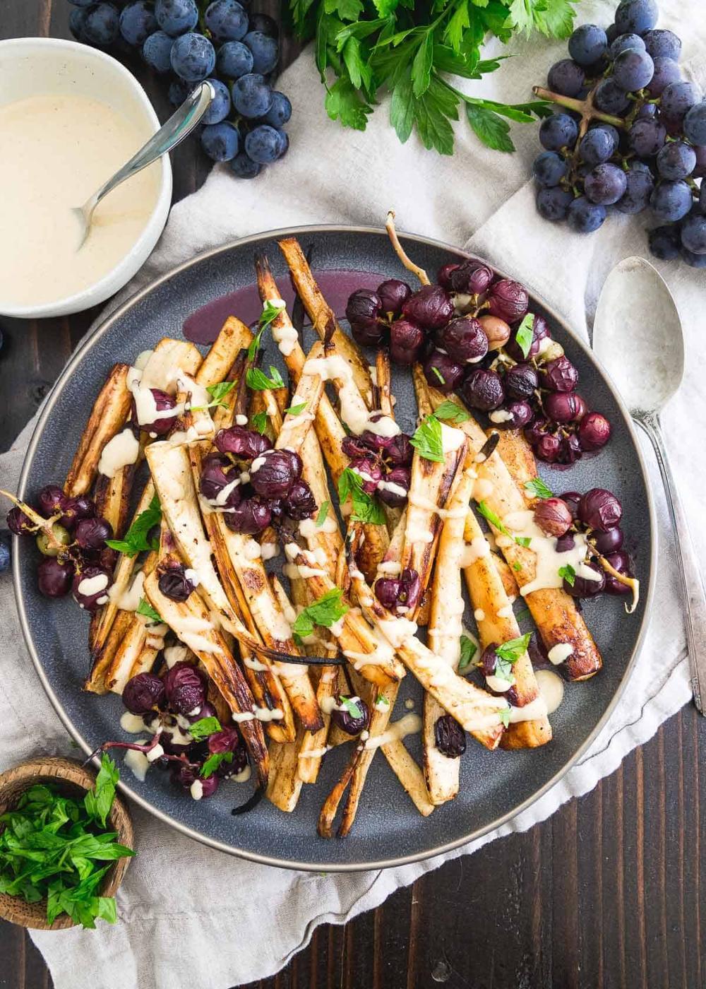Cinnamon Brown Sugar Roasted Parsnips and Grapes