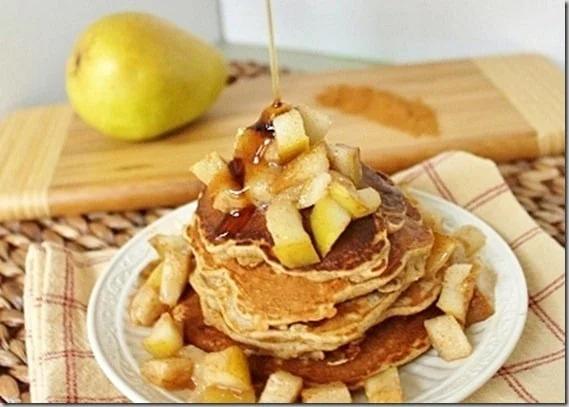 With butter cinnamon and pears sauteed together for a topping and pears and cinnamon inside these pancakes, they're a delicious fall inspired breakfast.