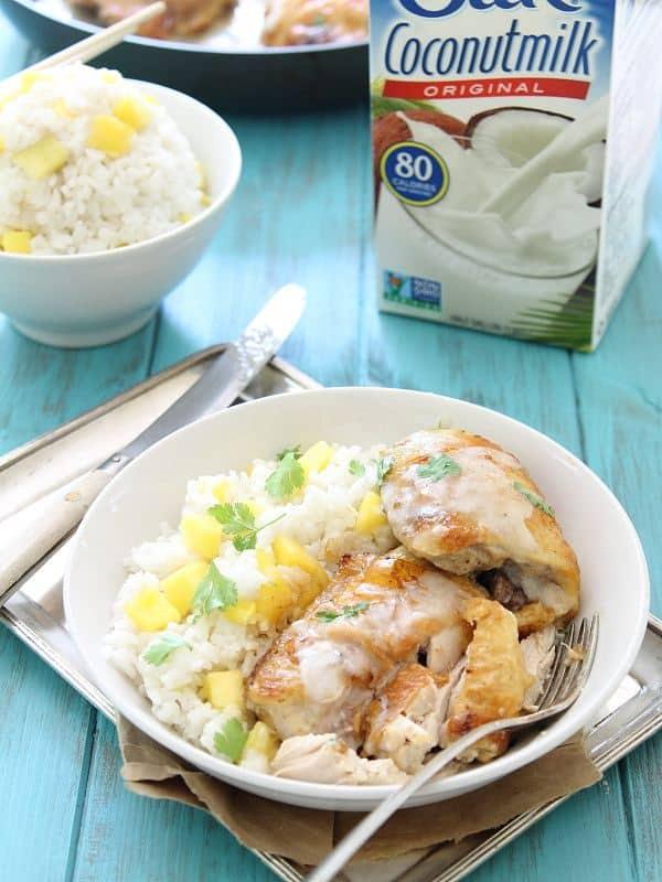 Coconut lime baked chicken with coconut mango sticky rice and coconut sauce