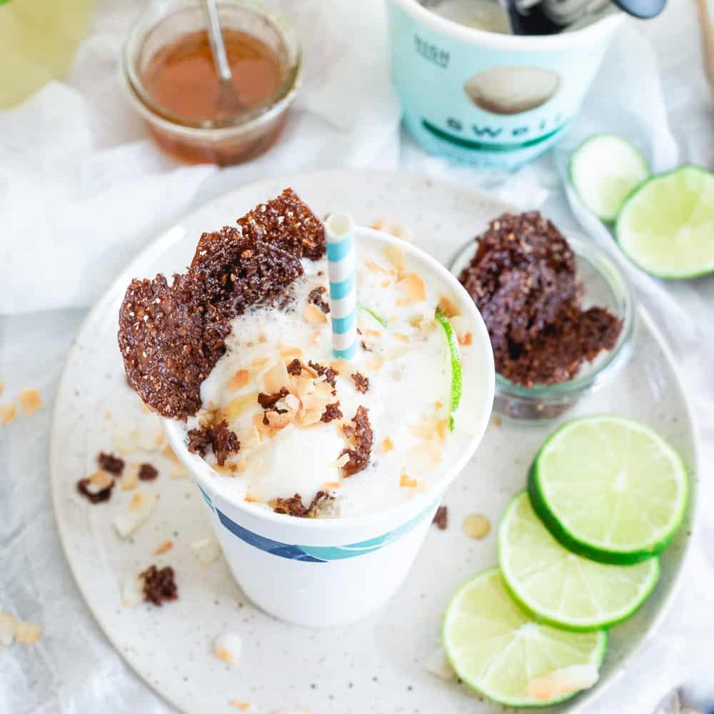 Toasted coconut and lime flavors make for a fun summer ice cream float. Topped with crunchy bits of coconut cashew crisps they're unlike anything at your local ice cream shop!