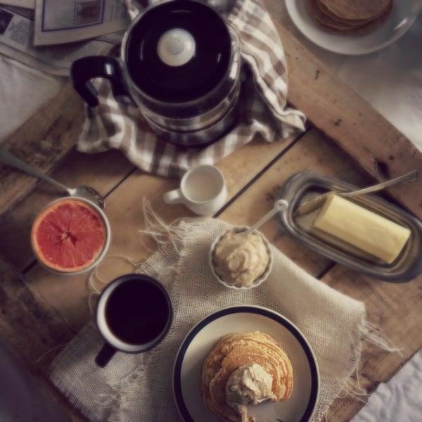 Coconut ricotta pancakes with caramelized banana