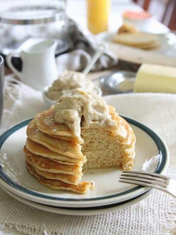 Coconut Ricotta Pancakes with Caramelized Banana Creme Fraiche Butter