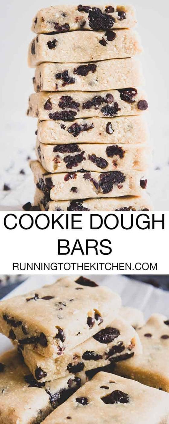 No bake cookie dough bars with chocolate chips and cherries make a delicious, healthier snack or treat for any time of day.