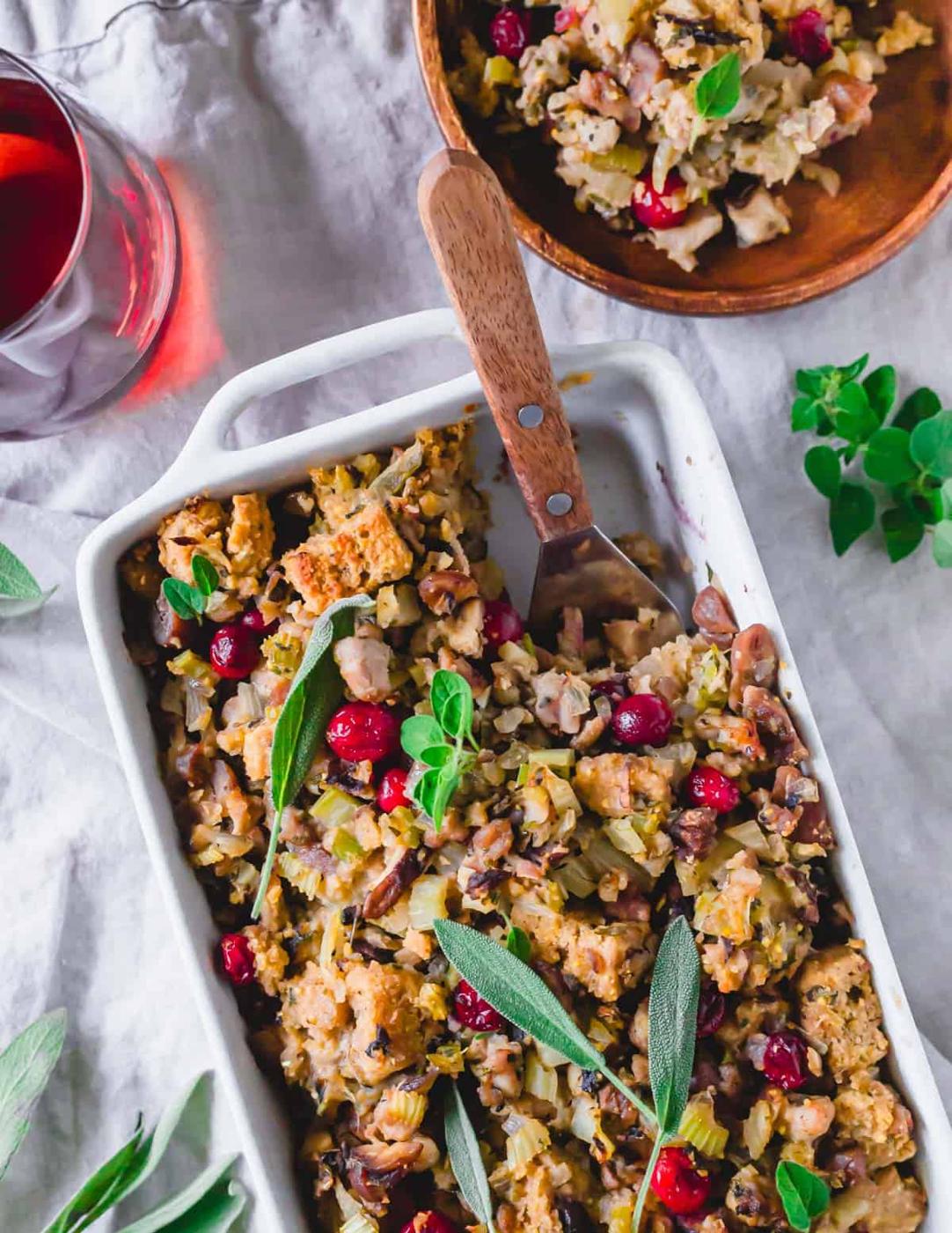 Thanksgiving chestnut stuffing with cranberries, mushrooms, fennel and Italian sausage.