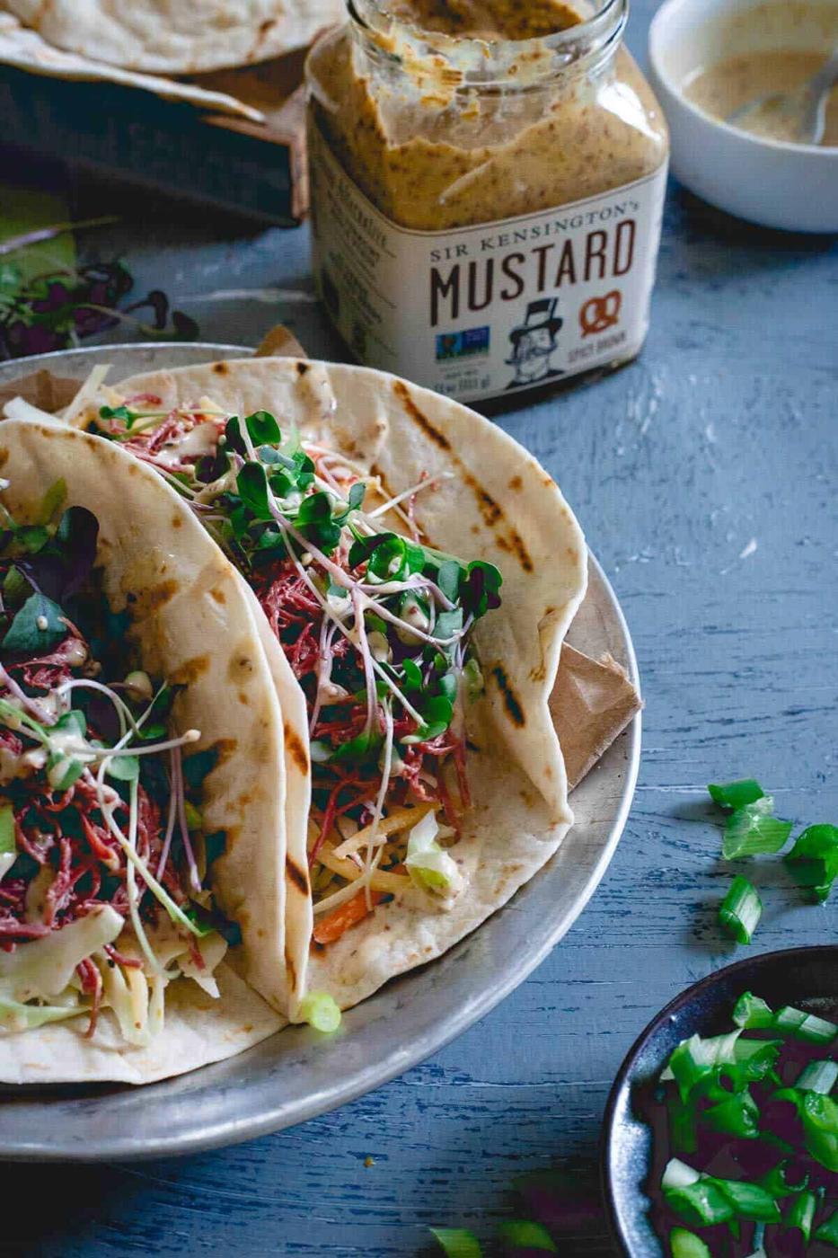 Corned Beef Tacos with Creamy Spicy Mustard Sauce
