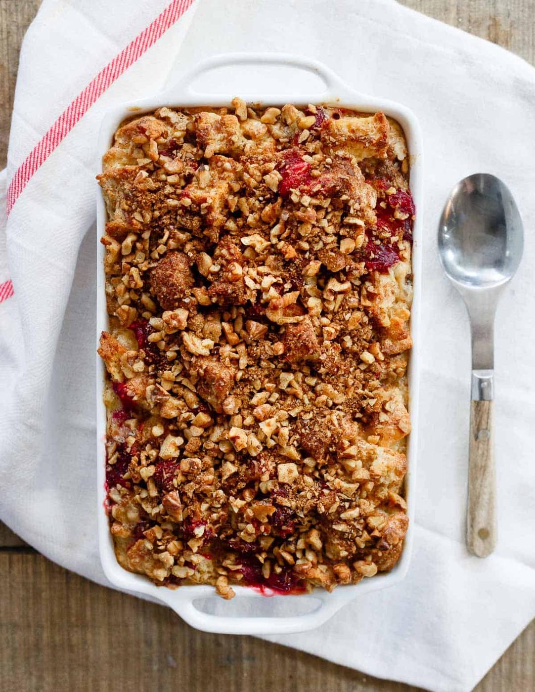 This English muffin casserole is filled with sweet, tart cranberry sauce and creamy mascarpone cheese. Perfect for a holiday brunch!