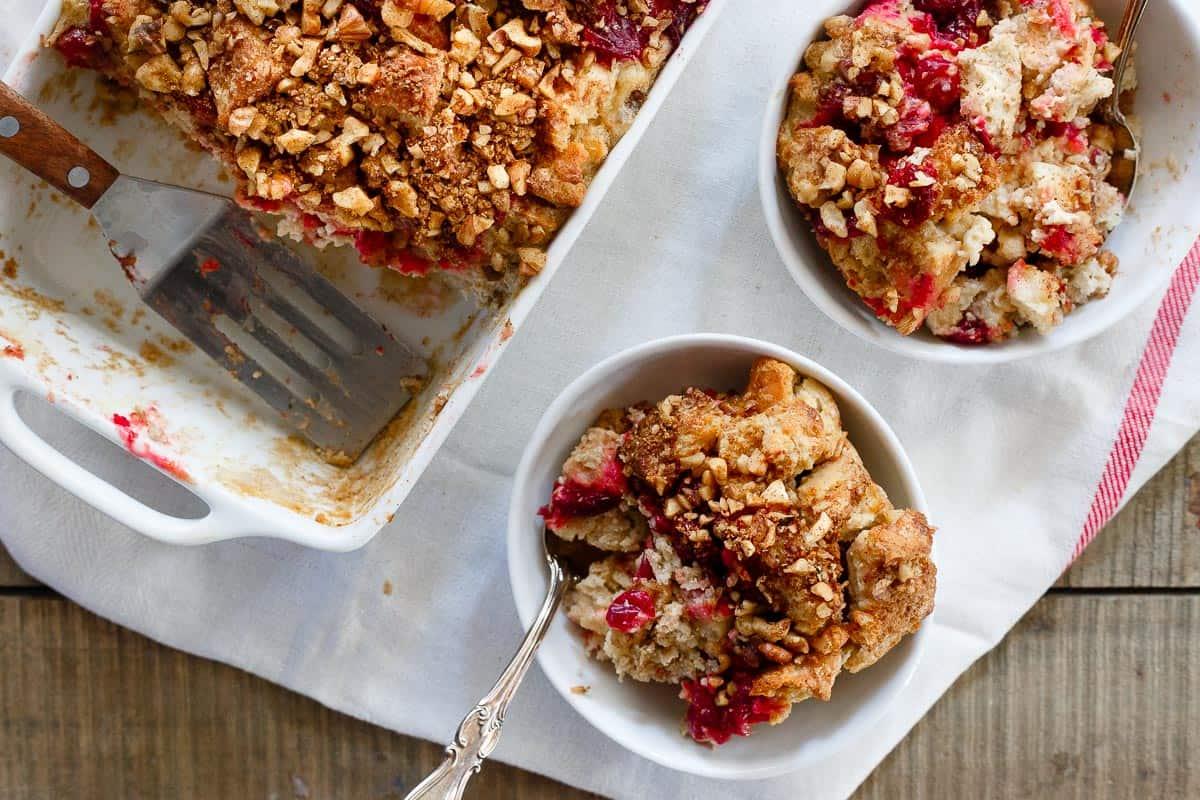 This English muffin casserole is holiday brunch ready with cranberry sauce and creamy mascarpone cheese. Decadent, festive and delicious!