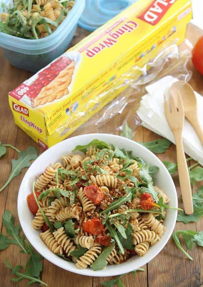 Cream cheese pasta salad with bacon, arugula and tomatoes