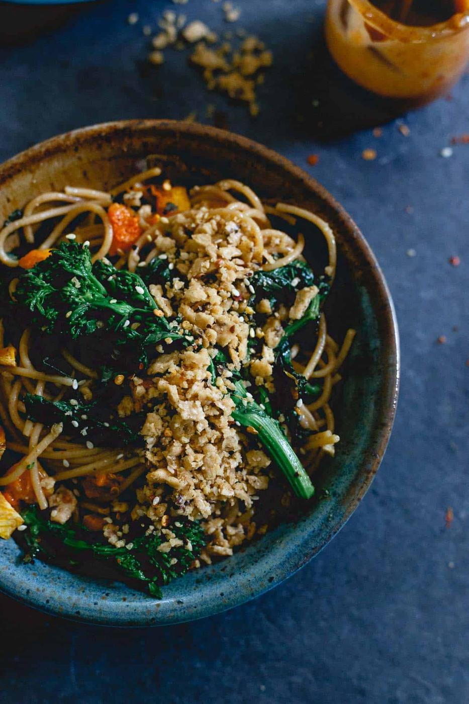 This fall pasta is filled with roasted butternut squash and broccoli rabe, tossed in a creamy almond butter sauce and topped with a buttery garlic cracker crumble.