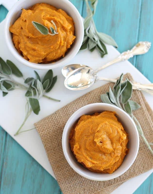 Butternut squash puree with garlic and coconut.