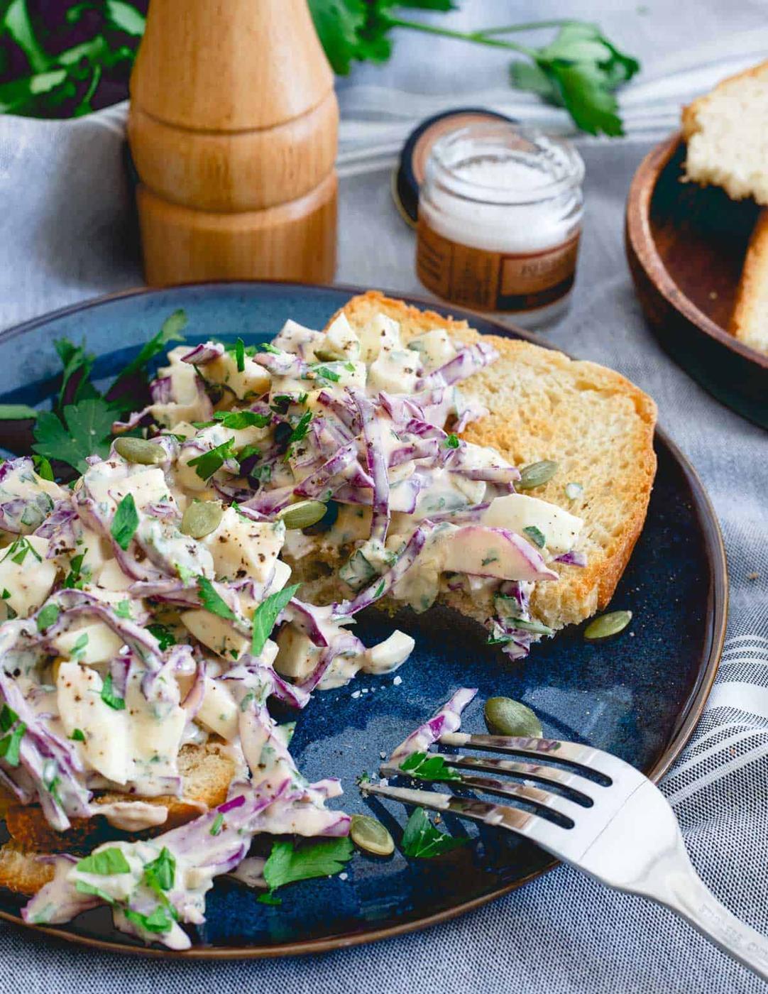 Egg salad that doesn't bust the diet! This creamy dijon egg salad is healthy and packed with flavor.