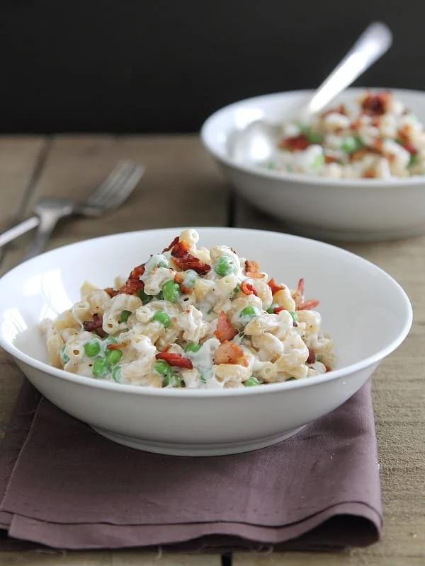 Creamy Greek Yogurt Mac and Cheese with Peas and Bacon