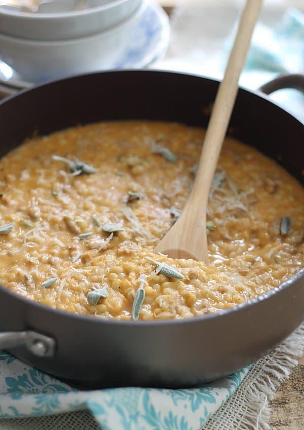 Creamy pumpkin barley and sausage