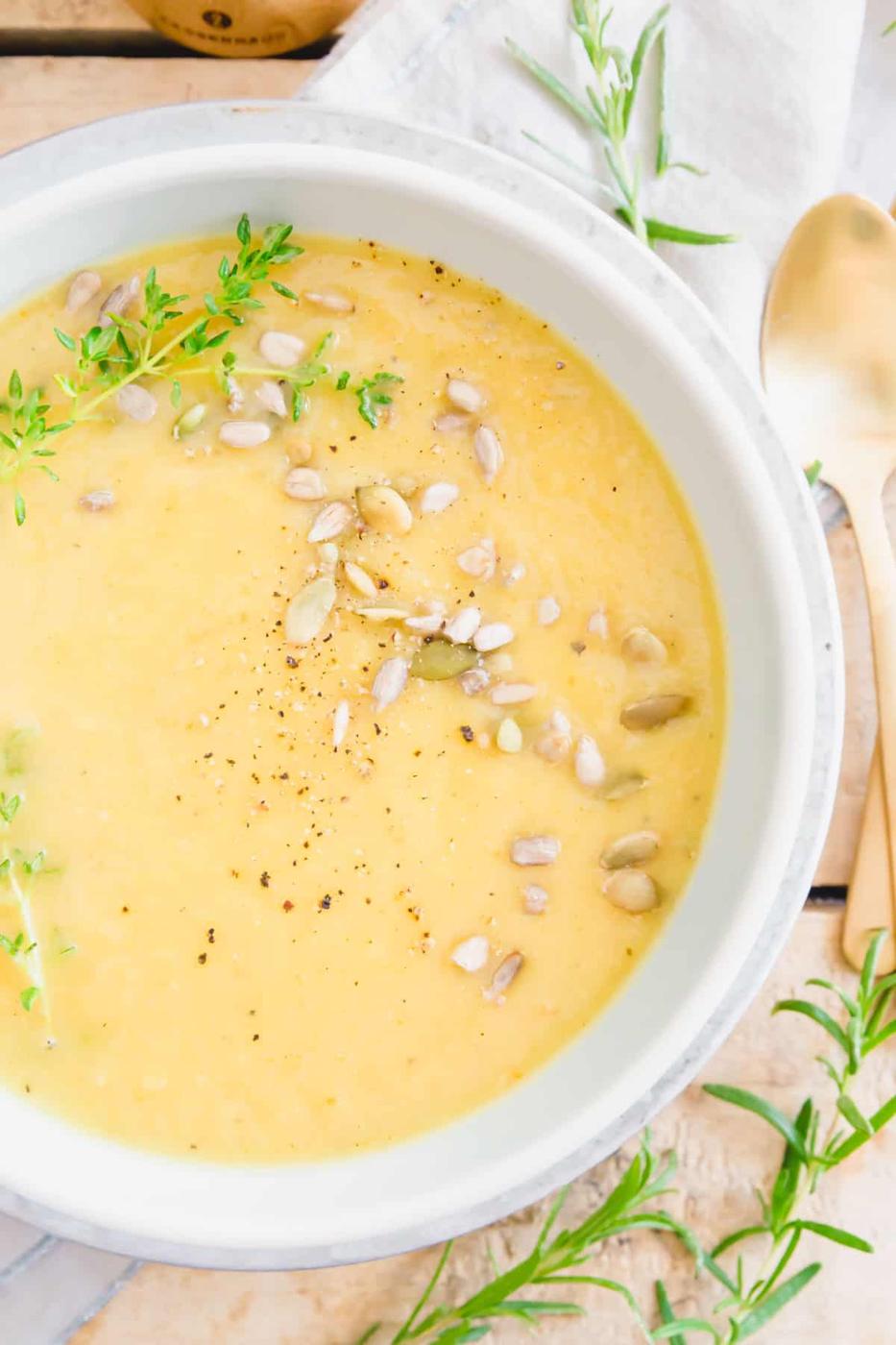 Savory winter root vegetable soup with parsnips, beets and celery root.