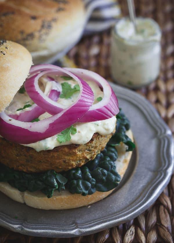 Curry Roasted Eggplant Hummus Burgers