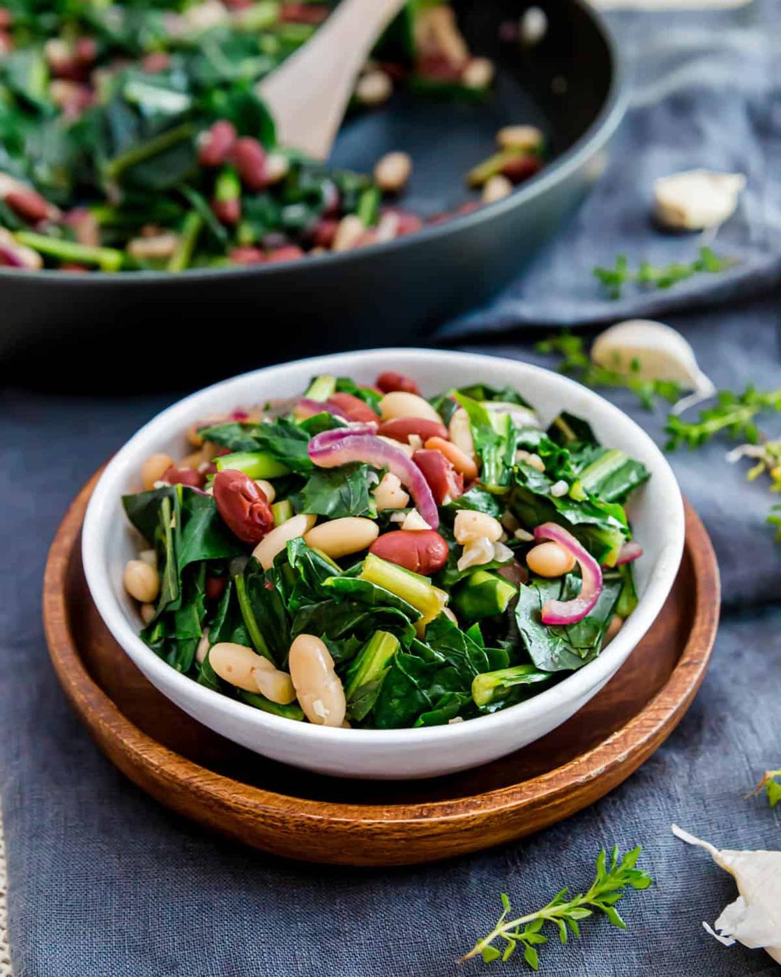 An easy recipe for sautéed dandelion greens with cannellini and kidney beans makes a simple vegetarian meal that's ready in under 30 minutes.