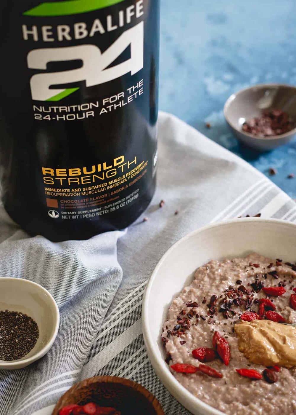 Using Herbalife's Rebuild Strength protein powder blend, this bowl of chocolate protein oat bran is the perfect way to recover after your workout.