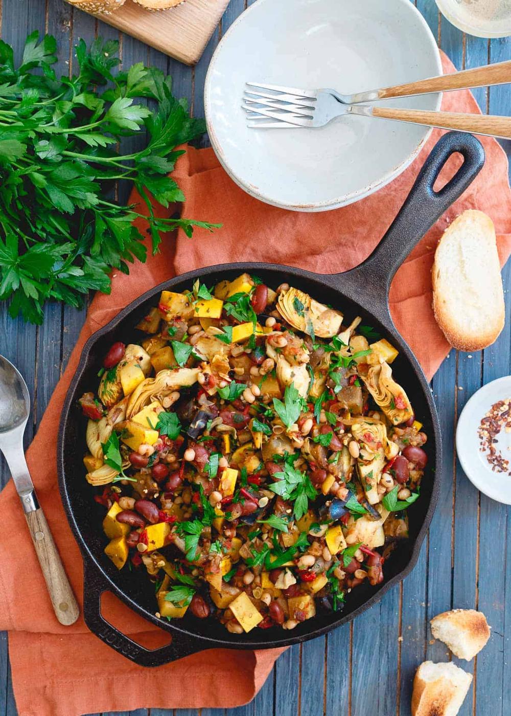 This vegetable bean skillet is packed with all the delicious end of summer garden vegetables and given a hearty, protein boost from two kinds of beans for an easy meatless meal.