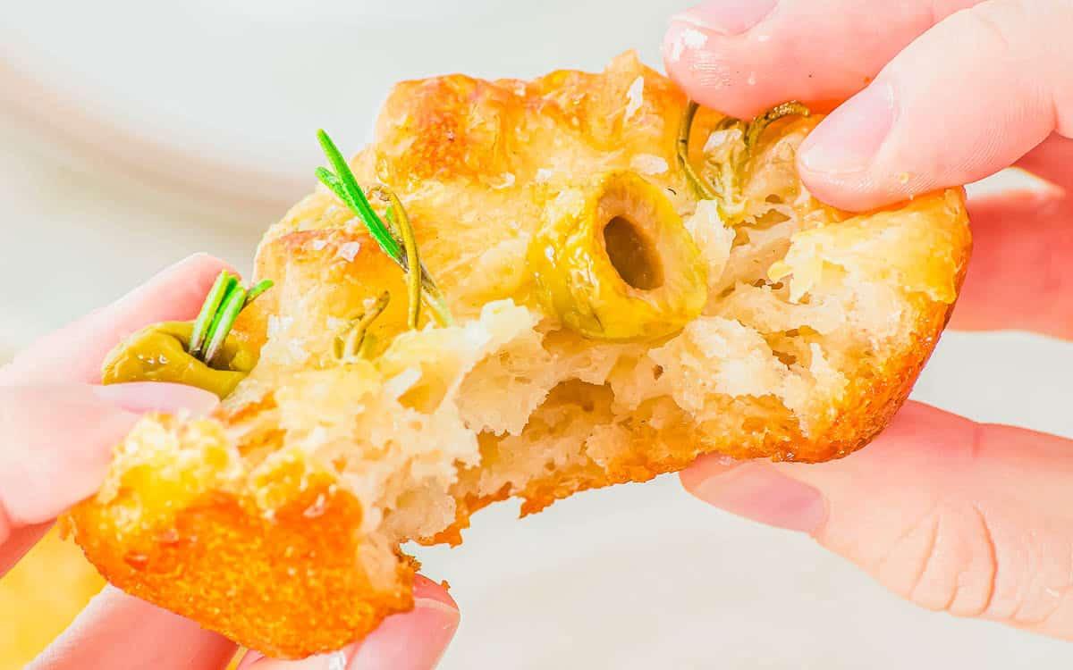 A close-up of hands pulling apart a piece of focaccia bread topped with green olives and fresh rosemary, showing its soft, airy texture inside.