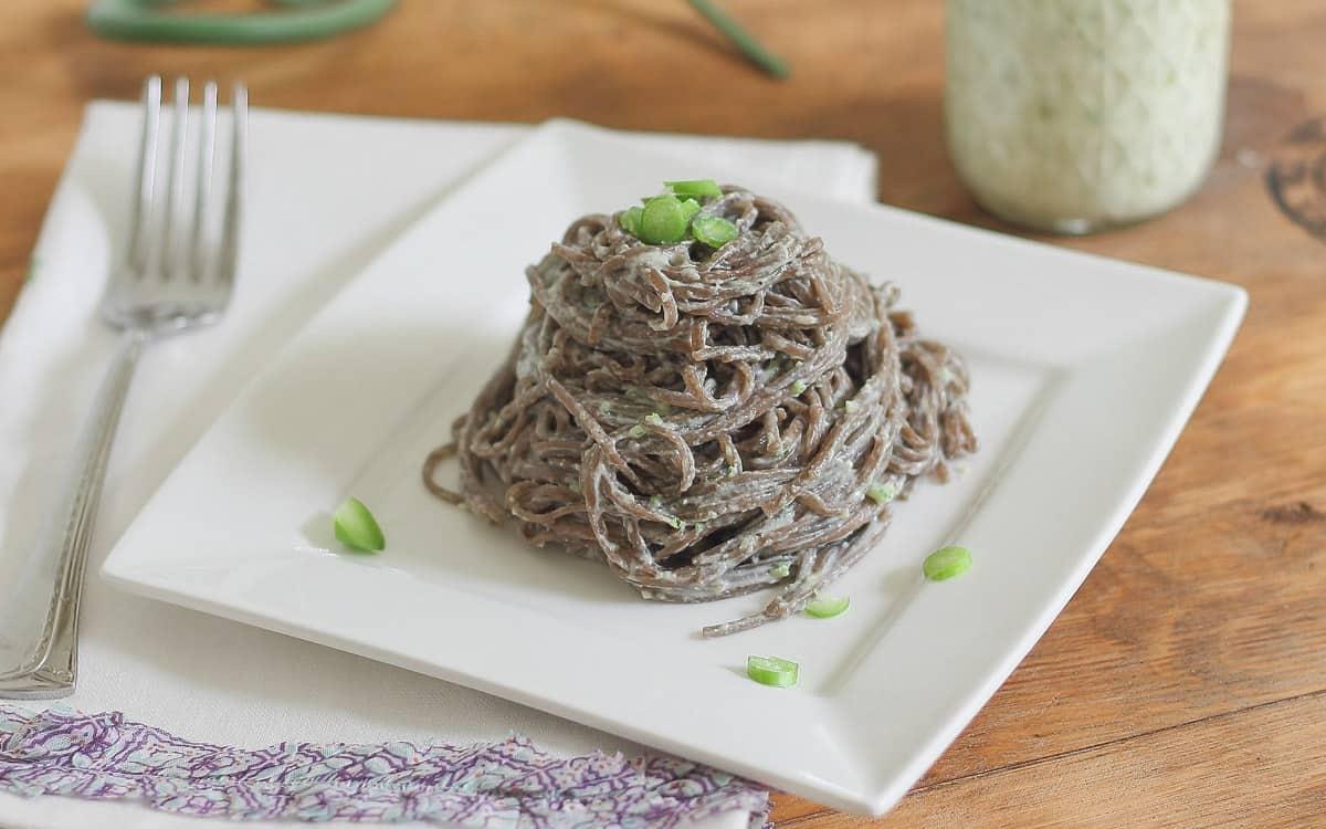Garlic scape pesto on soba noodles.