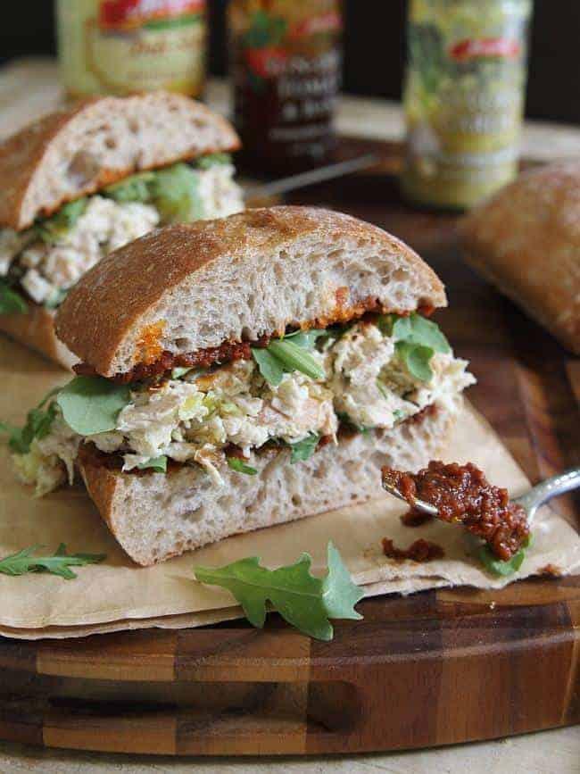 Garlic Yogurt Chicken Salad Sandwich with Sun Dried Tomato Spread