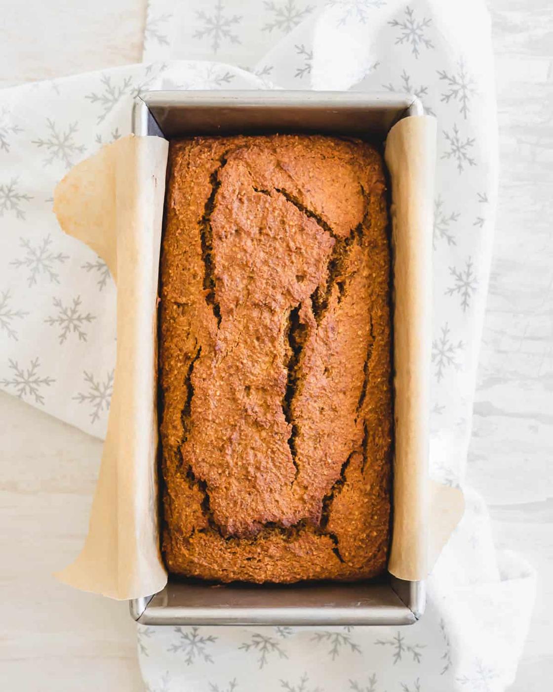 Baked banana gingerbread loaf in pan.